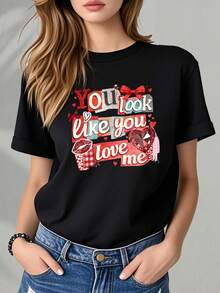 Camisetas de moda de algodón de talla grande para mujer 2026, Día de San Valentín, Noche de cita, Elegante, Ropa de vacaciones, Moda, Atuendo de San Valentín - Estampado romántico con diseño de "Parece que me amas", Camiseta linda de declaración de moda para mujer de San Valentín, Top cómodo, suave, sencillo para uso diario, de manga corta. - Negro - Ver 1