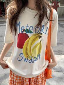 Women's Y2K Graphic T-Shirt - Meteor Shower Print, Bananas And Apples, Short Sleeve Summer Casual T-Shirt, Colorful White Lettering, Loose Fit Crew Neck, Casual Wear, Y2K Style Top, Comfortable Fit, Banana Print T-Shirt, Women's T-Shirts - 白色 - 查看 2