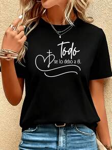 Camiseta con estampado de letras Love Cross 2026, transpirable y ligera, de tela cómoda para primavera y verano, camiseta casual versátil para mujer con temática religiosa española. - Negro - Ver 1