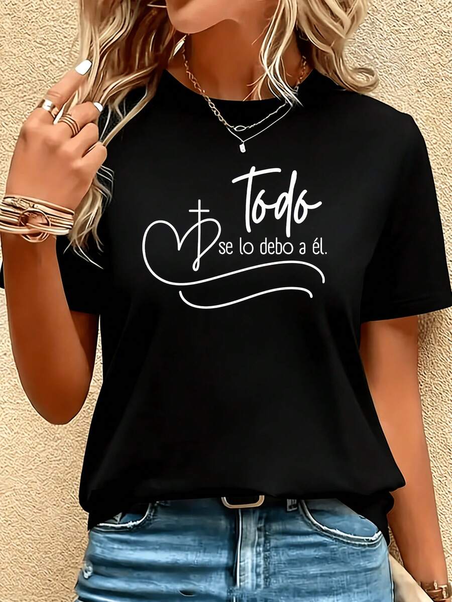 Camiseta con estampado de letras Love Cross 2026, transpirable y ligera, de tela cómoda para primavera y verano, camiseta casual versátil para mujer con temática religiosa española. - Negro - Ver 1