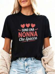 Sono Una Nonna Che Spacca Women's Casual Short Sleeve T-Shirt With Round Neck And Letter Print, Spring Summer, Daily Style, Daily Outings, Holiday Gift, Women's T-Shirts - 黑色 1 - 查看 3