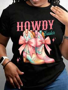 Round Neck Camiseta De Mujer Con Diseño De Botas De Vaquera De Pascua Con Lazos Rosas Y Diseño Floral, Regalo De Temporada Para La Celebración De Pascua Summer Essentials,Summer Outfits For Women,Graphic Tees Blusas Para Mujer Casual - Negro - Ver 6
