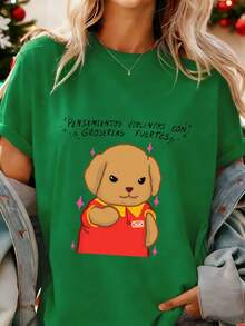Sudadera de algodón suave para mujer, de corte holgado y manga corta, con diseño de perro lindo y texto en español, estilo casual Y2K, ropa de calle con letras y diseño retro elegante, cómoda para todas las estaciones, ropa de calle casual con diseño de noche estrellada, ajuste cómodo, disfraz de Halloween para mujer, 100% algodón. - Verde - Ver 3