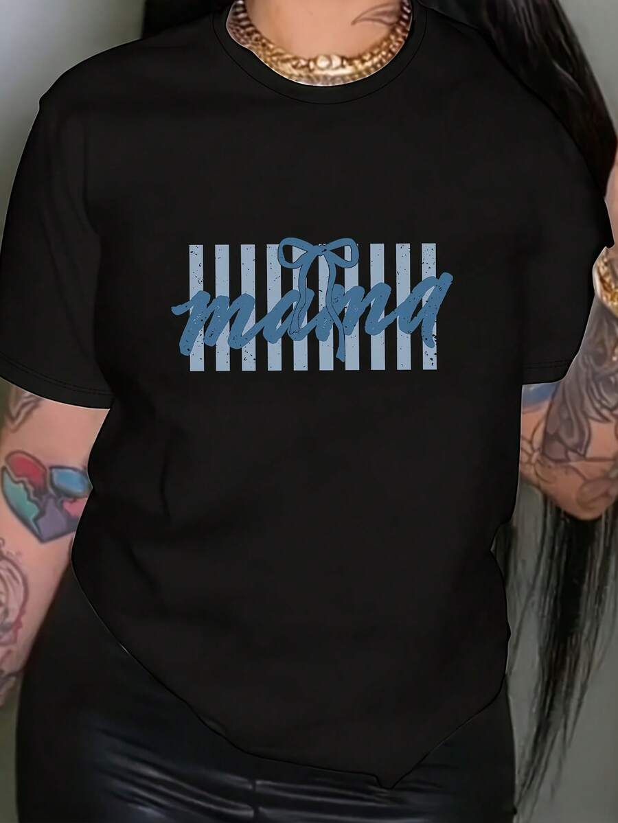 Camiseta de mujer con estampado de rayas y lazo, top casual de manga corta y cuello redondo, adecuada para verano y primavera, ropa de mujer, tops para mujer. - Negro - Ver 1