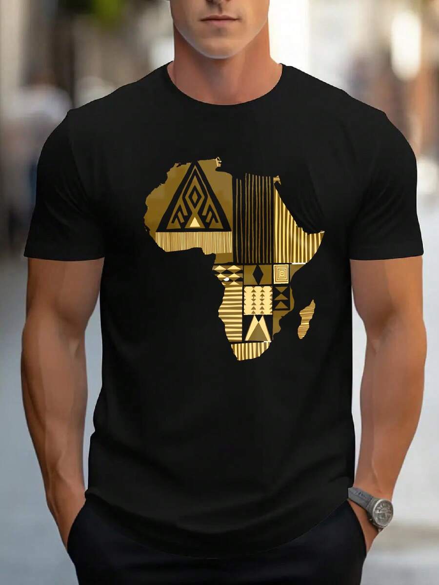 Rotondo.1pac.100%Cotton.Africa Map Pattern Men Round Neck Short Sleeve Pure T-Shirt Summer Casual Streetwear Gift For Him.Strada Casual - Black - View 1