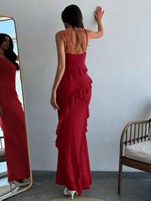 xheAloruh Vestido ceñido con tirantes finos, cuello drapeado y volantes para una cita romántica, para mujer. Vestidos de primavera/verano, regalo del Día de San Valentín, cita nocturna de San Valentín, "Sé mi Valentín", propuestaxhe - Rojo - Ver 3