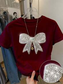 Camiseta casual con estampado digital a rayas y cordón en la cintura, un regalo para amigos - Burdeos - Ver 1