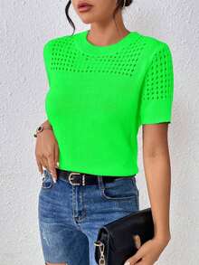 Top de punto de cuello redondo de unicolor con mangas cortas para verano, como ropa para Año Nuevo - verde menta - Ver 4