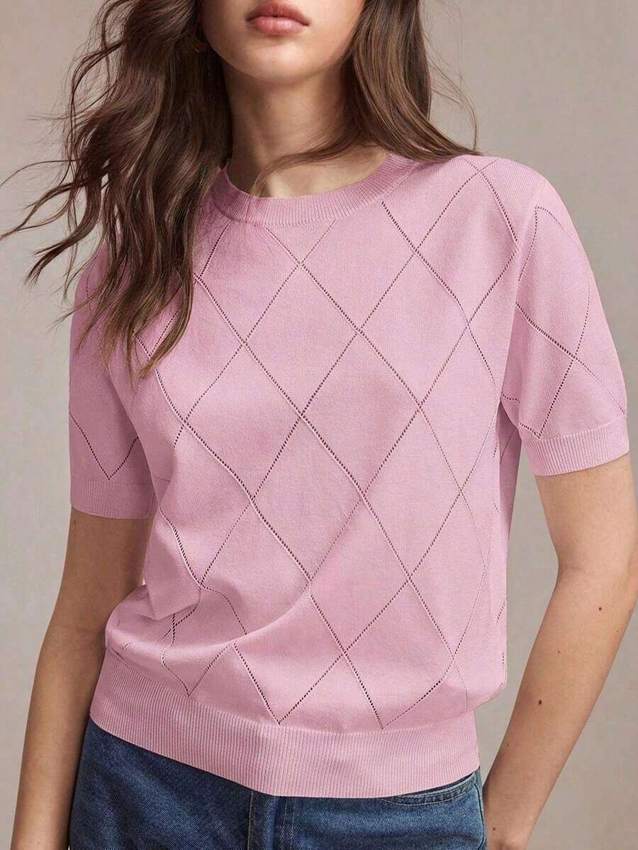 Blusa de punto de seda de hielo con patrón perforado en forma de rombo, cuello redondo, versátil para uso primavera/verano, adecuado para Pascua, Día de San Patricio, elegante para ir al trabajo, uso casual diario, estilo romántico retro de los 90 - Rosa - Ver 1