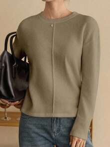 -Less Camiseta de manga corta con bloques de color liso para mujer, de estilo minimalista, informal y de negocios casuales - Camel - Ver 3