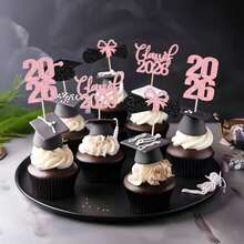 12pcs 2026 Graduation Theme Glitter Cupcake Toppers, 2026 Graduation Diploma Hat Cupcake Toppers, 2026 Graduation Party Cake Decorations, Pink - View 2