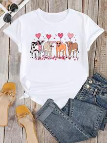 Cow Print T-Shirt With Cute Cow And Heart - Ideal Valentine's Day Gift For Cow Lovers, Casual Crew Neck Summer T-Shirt, Comfortable And Machine Washable - [白色的] - 查看 2