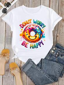 No te preocupes, sé feliz con esta camiseta colorida con estampado de donas, perfecta para los amantes de las donas, un gran regalo para quienes aman las donas - [Blanco] - Ver 2