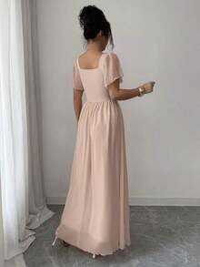 Vestido largo de línea A holgado, de unicolor rosa naranja, con cuello cuadrado, cintura alta elástica, parche de punto, gasa transparente, manga abullonada fruncida, minimalista, elegante, casual, cómodo y versátil, para uso diario y vacaciones - Burdeos - Ver 10
