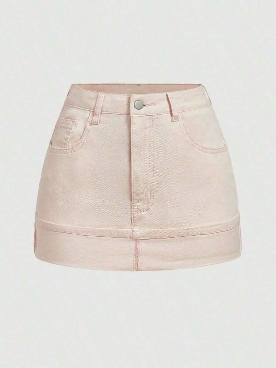 MOD Falda vaquera mini de estilo casual de calle de verano para mujer con dobladillo puño - Rosa Pálido - Ver 1