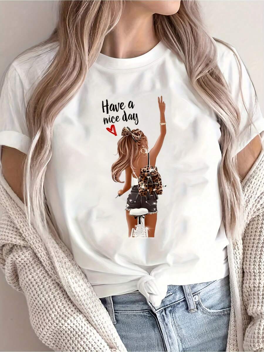 Camiseta de Mujer con Estampado de Retrato - Top Casual de Cuello Redondo y Manga Corta - Elección Perfecta para Primavera/Verano, Camiseta de Cuello Redondo - Blanco - Ver 1
