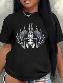 Polyester Short-Sleeved T-Shirt With A Bat Skeleton Print Design. Lightweight And Durable, Suitable For Casual Wear At Home Or In Restaurants. Comfortable And Fitted For Everyday Wear. Women's Casual Blouse - 黑色 - 查看 7
