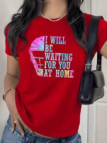 Camiseta con Estampado Gráfico Holográfico, 180g, 1 Pieza, Frase Inspiradora, Camiseta Casual para Mujer, 100% Algodón, Estilo Streetwear - Rojo - Ver 1