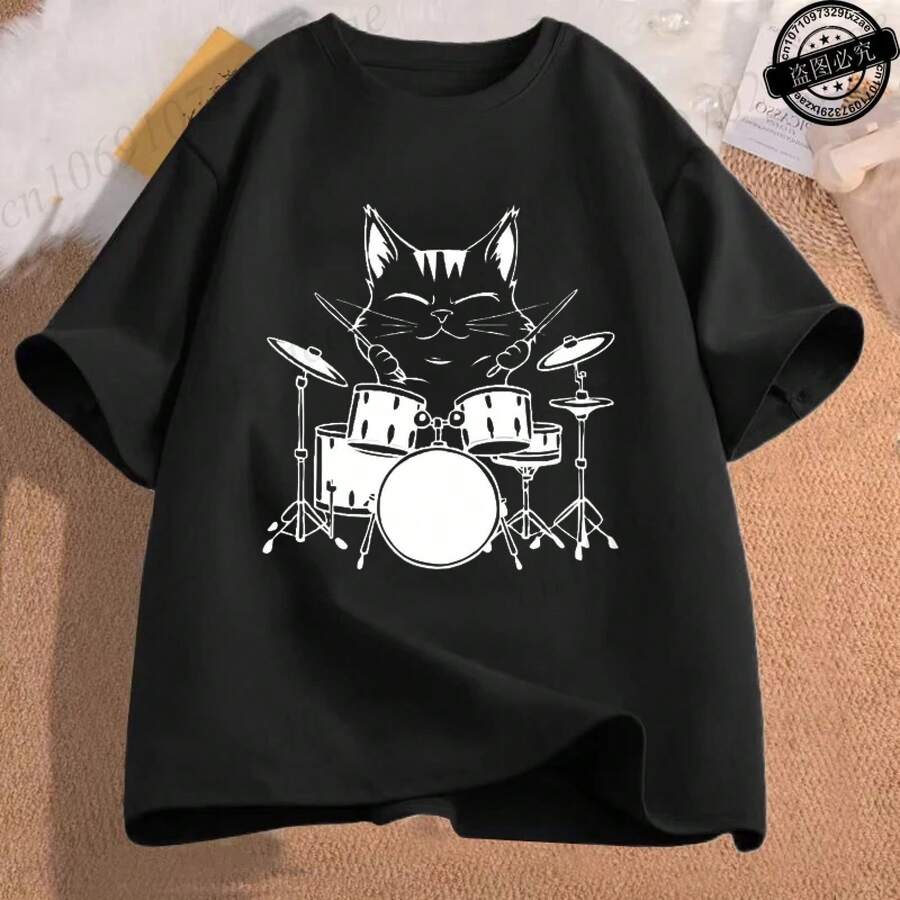 Camiseta con Estampado de Gato Musical Divertido para Hombres y Mujeres, Diseño de Gato de Dibujos Animados, Manga Corta, Ropa Casual de Estilo Urbano, Camiseta de Moda Estética, Regalo - Negro - Ver 1