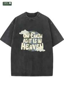 230g Heavyweight Cotton T-Shirt For Men And Women With "On Earth As In Heaven" Pattern Print, Casual Urban Style In Brown, Loose Round Neck Design Suitable For All Seasons, Ideal For Both Daily Wear And Special Occasions, A Fashionable Choice For Outdoor Activities, Soft Fabric, Modern Print, Excellent Gift Choice. - 黑色 - 查看 6