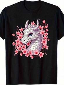 Camiseta única con diseño de dragón blanco rodeado de flores rosas estilo y2k ideal para los amantes de la moda alternativa en México destaca por su arte exclusivo y vibrante ideal para lucir en cualquier ocasión atrévete a llevarla y muestra tu estilo único - Negro - Ver 12