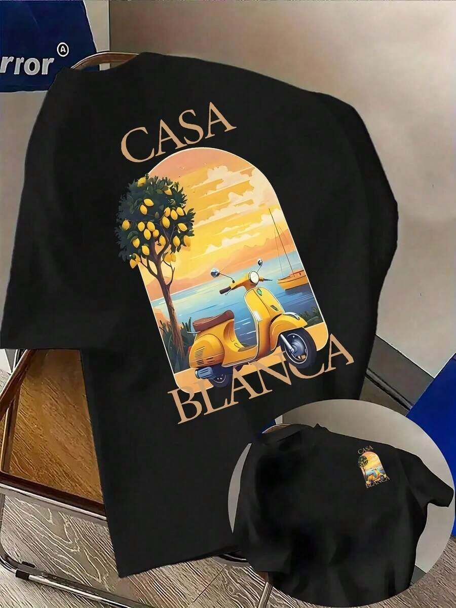 Vintage Men's Shirt, Creative Double-Sided 'CASA Coastal Scenery' Pattern, Comfortable Loose Fit, Year-Round Comfort, Casual IIKE Summer Top, Washable - 黑色 - 查看 1
