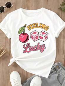 Camiseta Casual para Mujer con Estampado de Cerezas y Dados para Uso Diario y Salidas - Blanco - Ver 2