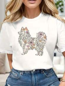 Camiseta con Estampado de Pomerania, Algodón, Casual, Manga Corta, Transpirable, playeras de mujer - Blanco - Ver 1
