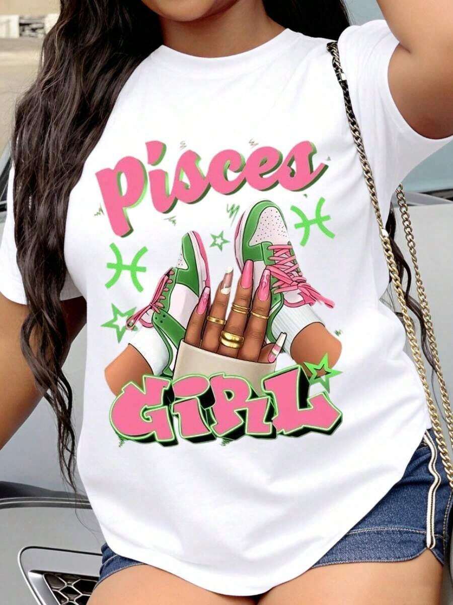Playeras de mujer de algodón, camiseta con el signo zodiacal Piscis para mujer, camiseta gráfica de moda para mujer, diseño de zapatillas rosas y verdes, top casual con patrón de estrellas para mujer, regalo para amantes de la astrología, ropa . - Blanco - Ver 1