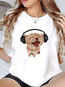 playeras de mujer algodon Camiseta Premium de 1 Pieza con Estampado Divertido de Gato con Auriculares, Cuello Redondo, Manga Corta, Corte Holgado, 100% Algodón, Estampado Digital, Estilo Urbano Casual para Mujer, Imprescindible >ropa - Blanco - Ver 1