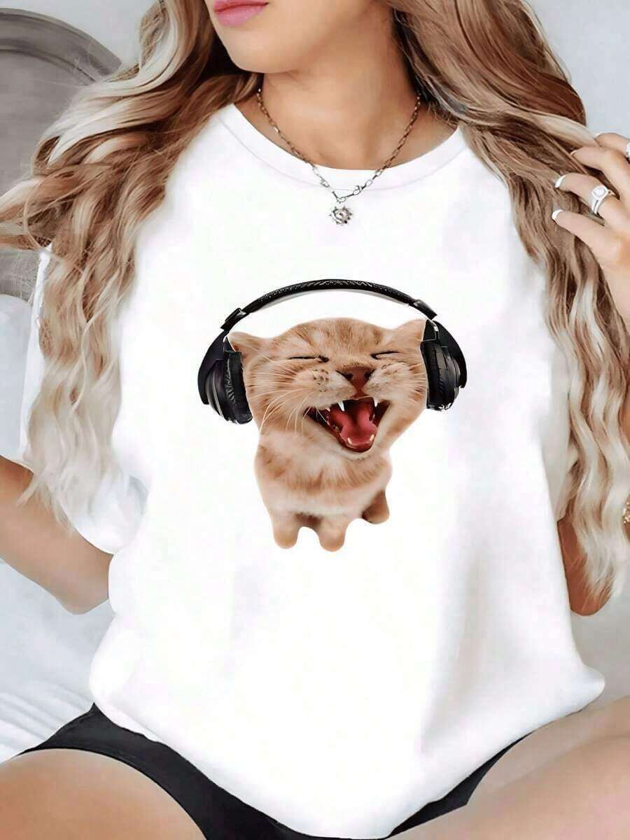playeras de mujer algodon Camiseta Premium de 1 Pieza con Estampado Divertido de Gato con Auriculares, Cuello Redondo, Manga Corta, Corte Holgado, 100% Algodón, Estampado Digital, Estilo Urbano Casual para Mujer, Imprescindible >ropa - Blanco - Ver 1