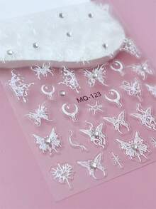 Stiker Kuku Rhinestone Timbul 5D, Kuku, Dekorasi Kuku DIY, Stiker Kuku, Menampilkan Pola Kupu-kupu, Bulan Sabit, dan Bintang Putih Aurora Timbul 5D, Sebagian Bertatahkan Rhinestone, Sempurna Untuk Anak Perempuan Untuk Membuat Seni Kuku. Cocok Untuk Menciptakan Tampilan yang Lembut dan Anggun - MultiWarna - View 4