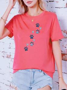 Camiseta deportiva casual de manga corta para mujer, con estampados de corazones y huellas de perro, diseño de moda casual y moderno, estilo urbano, adecuada para primavera, verano y otoño. EIZZ - Rosa Fucsia - Ver 6