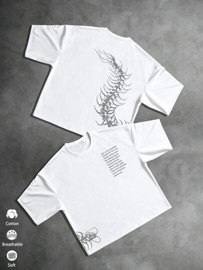 1pc Men's Loose Dropped Shoulder T-Shirt, Gothic Style Spinal Vertebrae Skeleton Print, Breathable Short Sleeve, Street Fashion