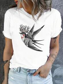 Camiseta de Mujer con Estampado de Golondrina y - Camiseta casual de manga corta y cuello redondo, con diseños de golondrina y, tela de elasticidad media, camiseta versátil para uso casual en primavera y verano - Camiseta Unisex de Estilo Urbano Vintage, de Algodón, Manga Corta y Cuello Redondo. - Blanco - Ver 7
