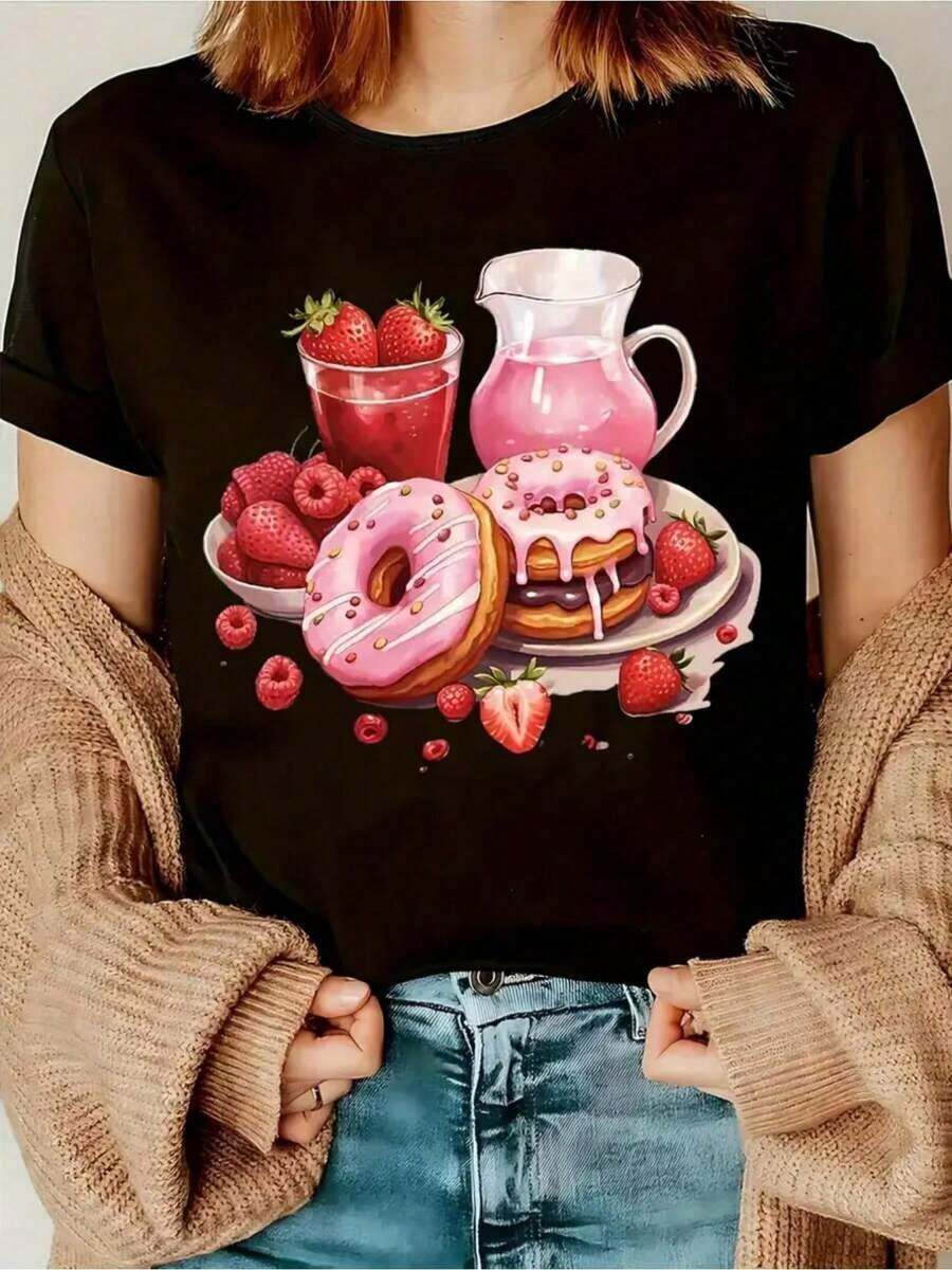 playeras de mujer algodon Camiseta de Mujer de Fresa y Donut - Estampado de Glaseado y Espolvoreo Rosa, Manga Corta Casual, Cuello Redondo, Lavable a Máquina, Ideal para Fiestas, Atuendos de Postres, Atuendos para Amantes de los Postres () >ropa - Negro - Ver 1