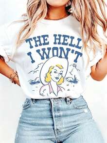 Camiseta Unisex "The Hell I Won't", Camiseta de Vaquera del Rodeo del Suroeste, Camiseta Vintage del Desierto Occidental, Regalo, Camiseta Gráfica para Mujer, Camiseta de Algodón Grueso de Manga Corta, Estilo Clásico, Camiseta Casual de Manga Corta para Mujer - Blanco - Ver 7