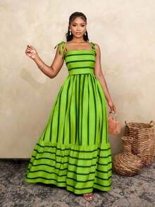 Vestido largo de estilo fluido y con rayas, con tirantes y detalles de recogido en el pecho, adecuado para vacaciones, playa, viajes y uso casual, elegante vestido (Floral aleatorio) - Verde Oliva - Ver 12