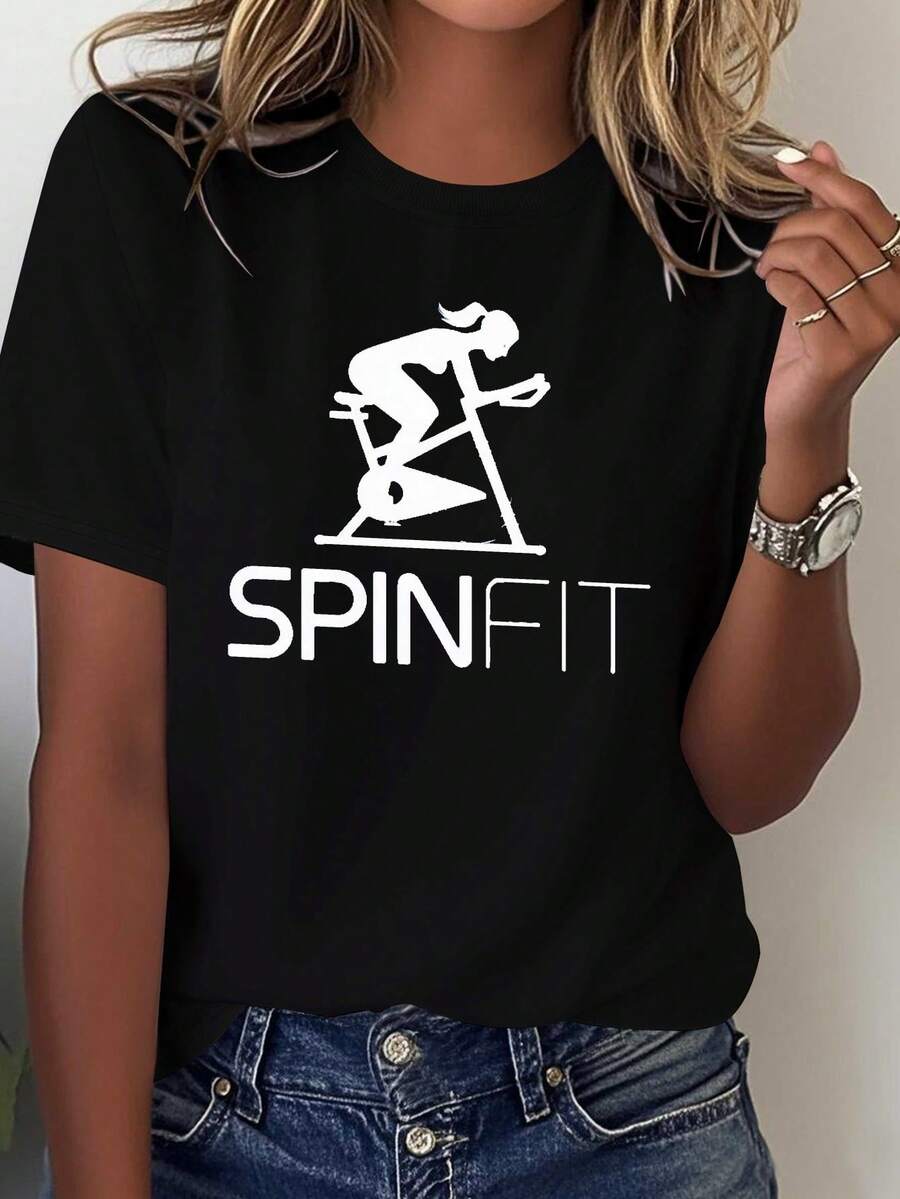 Camiseta cómoda de color sólido para mujer con el logo de la bicicleta Spinfit. - Negro - Ver 1
