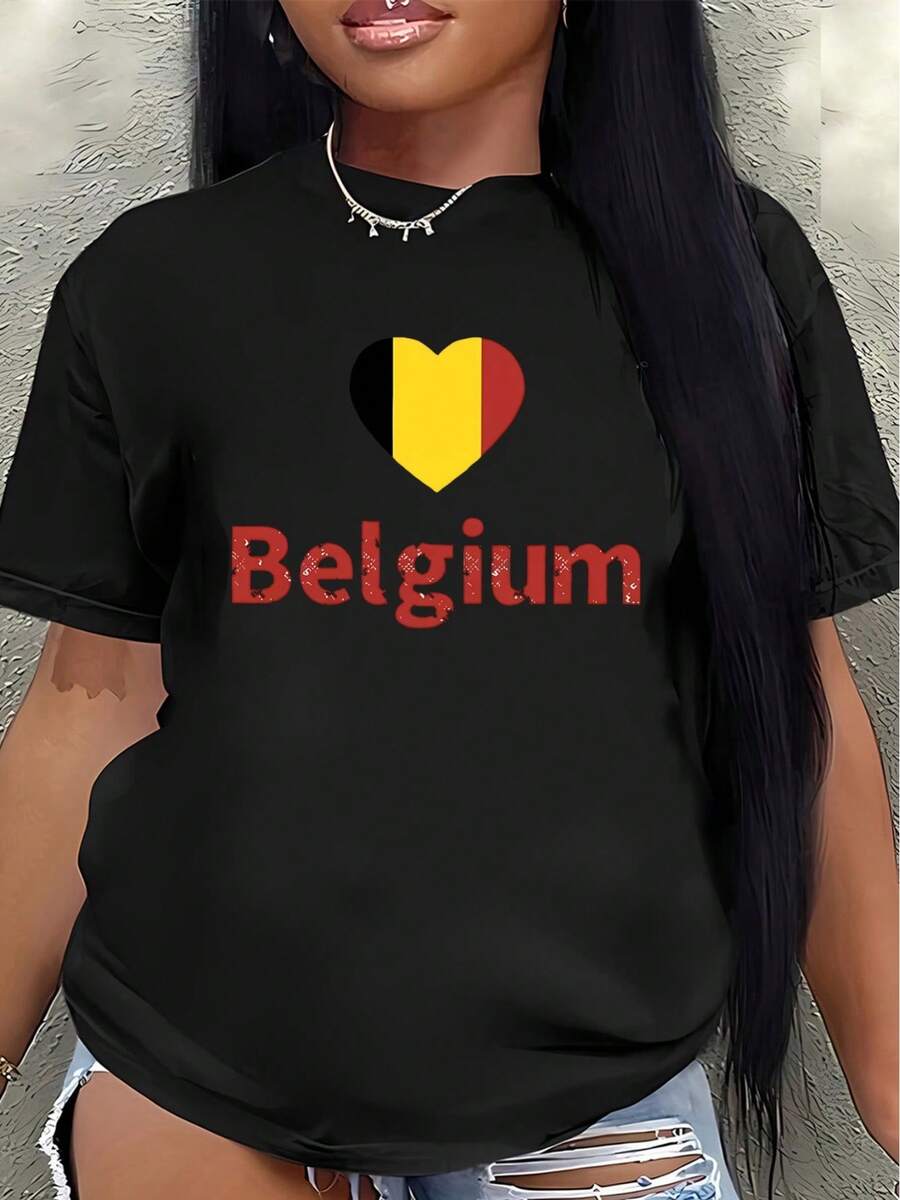 Camiseta de manga corta ligera y duradera, con un diseño en forma de corazón inspirado en Bélgica, perfecta para descansar en casa o salir a cenar, ofreciendo una experiencia de uso diario cómoda. - Negro - Ver 1