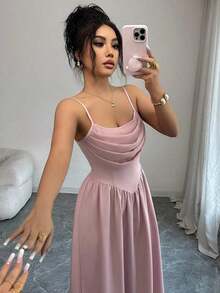 Nuevo vestido de fiesta elegante y romántico de longitud media para mujer, con cuello drapeado, sin mangas y cintura ceñida - Rosa vieja - Ver 4