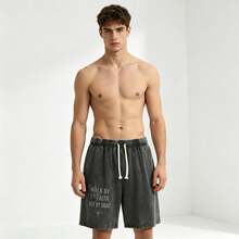1pc Men's Retro Washed Cotton Shorts, Christian Faith Printed Pure Cotton Pants, Loose Breathable Drawstring Casual Shorts For Summer Shorts For Men Camo Shorts Sweatpants For Men - màu đen - Xem 2