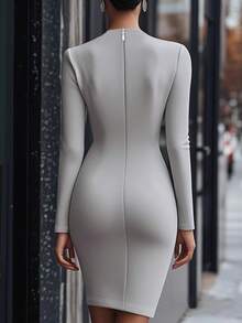 Vestido Ajustado Manga Larga Cuello en V Liso Estilo Francés - gris - Ver 2