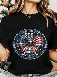 Camiseta de Cuello Redondo para Mujer, Diseño Patriótico con Bandera y Lazo, Celebración del Día de la Independencia, 200g, Playera Holgada para Mujer - Negro - Ver 1