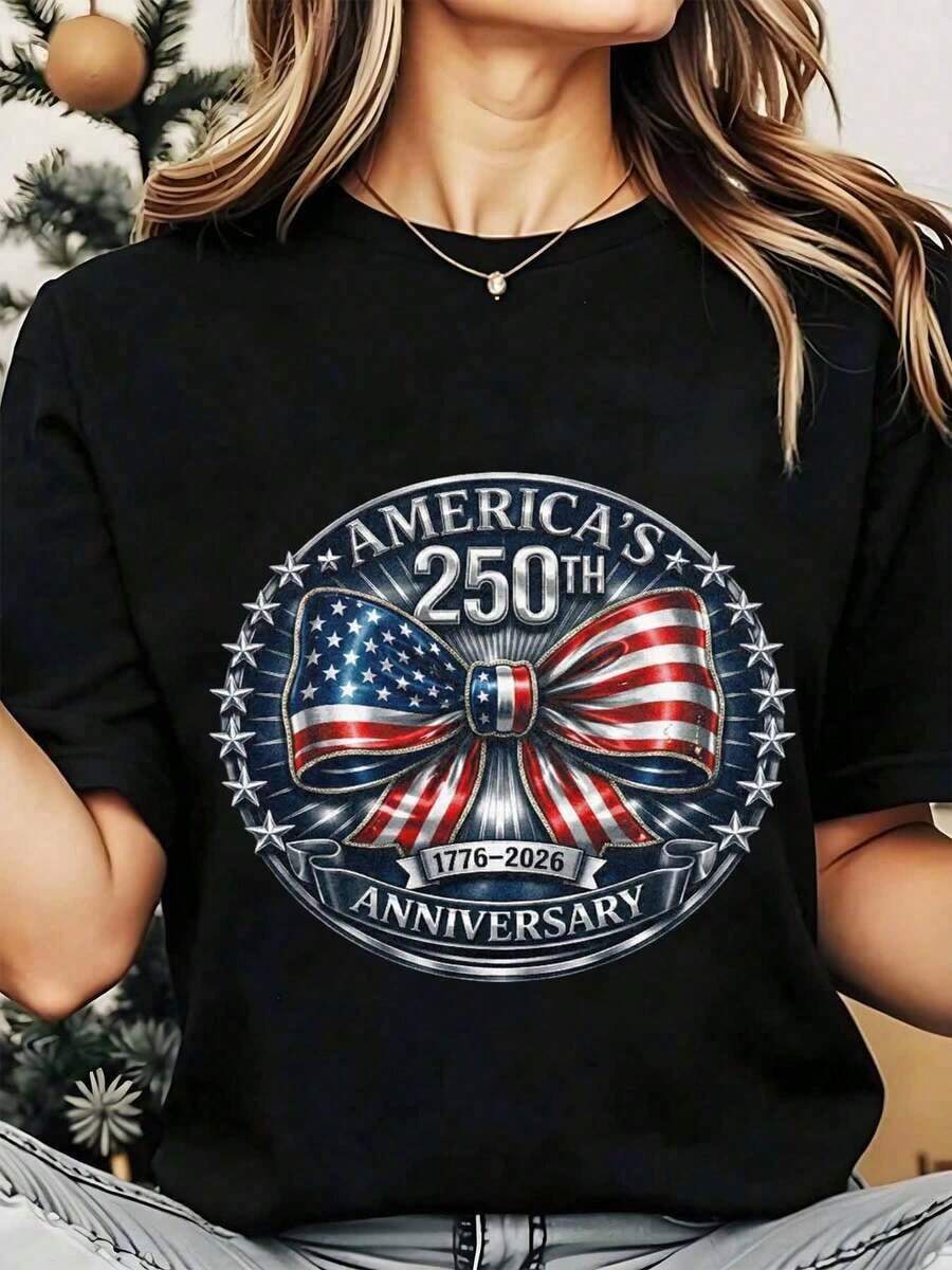 Camiseta de Cuello Redondo para Mujer, Diseño Patriótico con Bandera y Lazo, Celebración del Día de la Independencia, 200g, Playera Holgada para Mujer - Negro - Ver 1