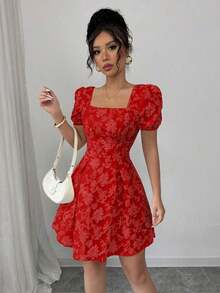 Vestido de mujer de manga abullonada y cuello cuadrado, de moda para el verano - Rosa - Ver 4