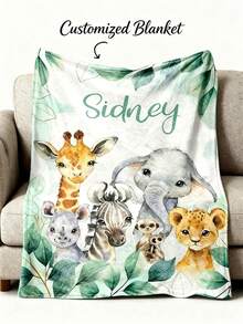 Personalized Name Fleece Blanket, Watercolor Wild Animal Jungle And Green Leaf Print, Soft And Comfortable Custom Throw Blanket, Suitable For Baby Nursery And Children's Bedroom - Multicolor - View 3