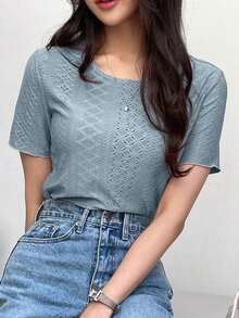Camiseta de cuello redondo sólido con bordado de ojales, estilo preppy - Azul - Ver 1