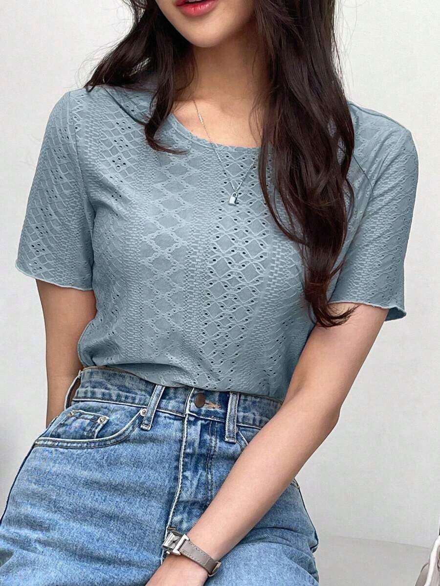 Camiseta de cuello redondo sólido con bordado de ojales, estilo preppy - Azul - Ver 1
