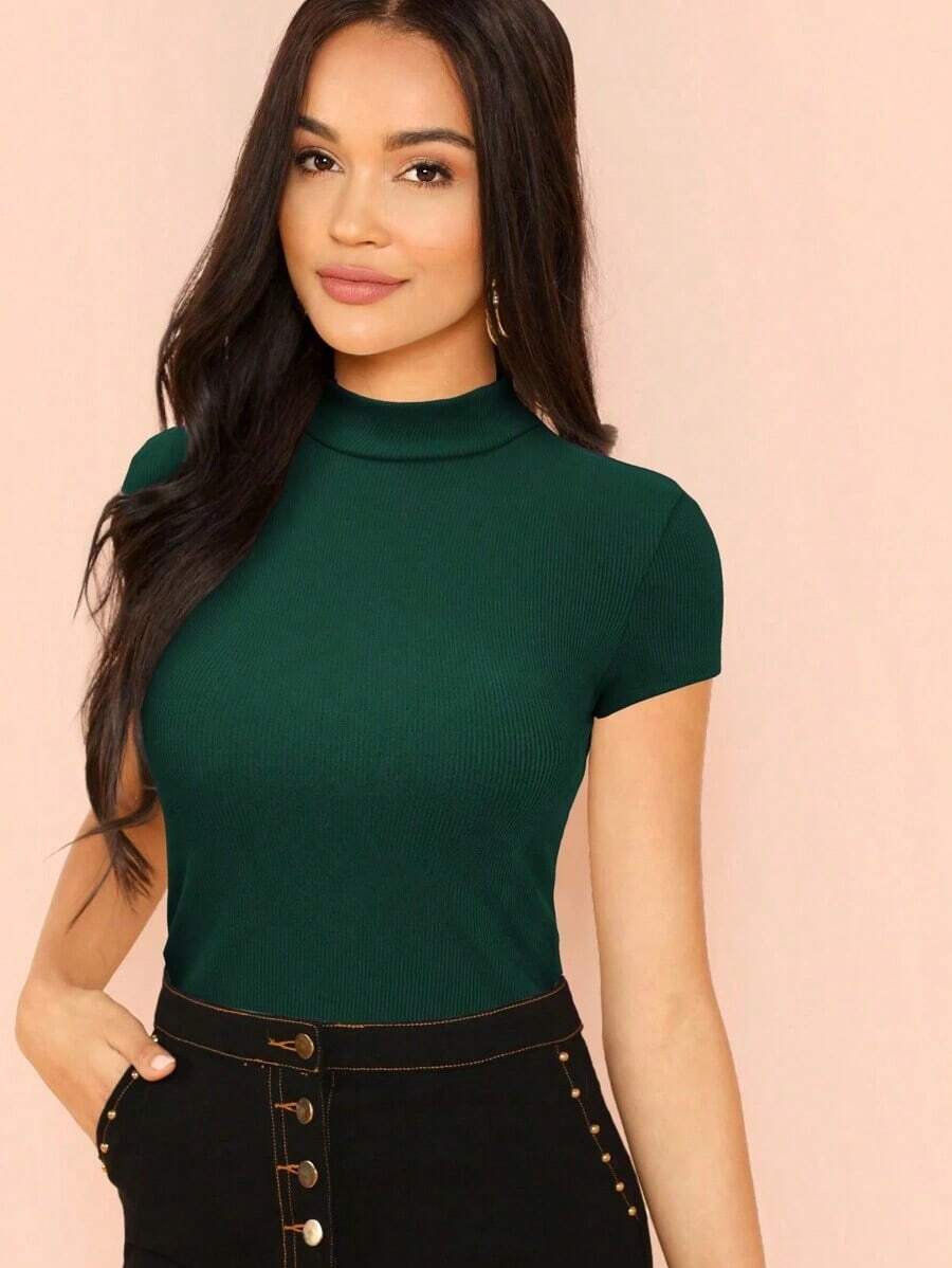 Camiseta de manga corta de canalé - Verde Oscuro - Ver 1